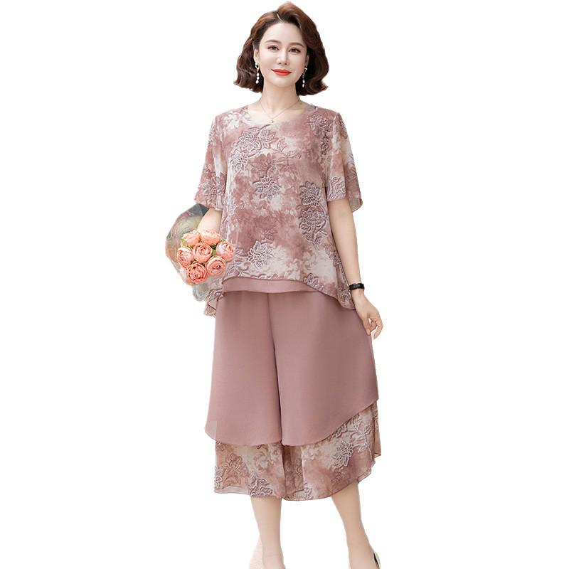 Chiffon Short-Sleeve Suit Set: Two-Piece Skirt and Pants for Stylish Middle-Aged Women.