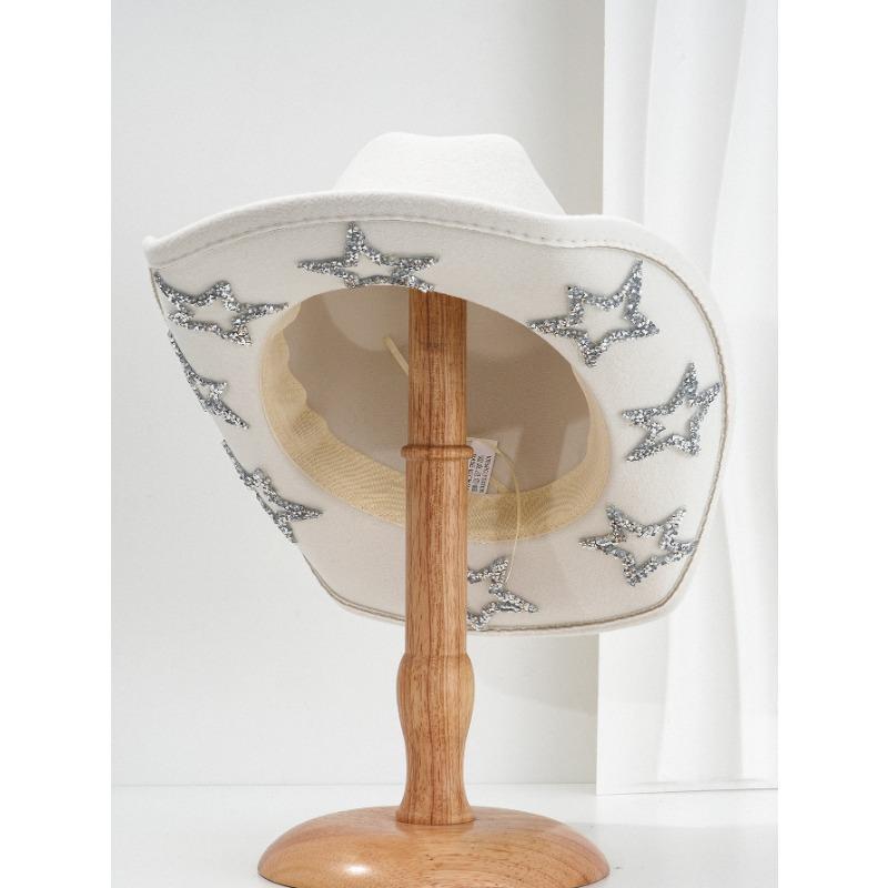 Unisex Black Felt Wide Brim Cowboy Hat With Rhinestone Star Decor