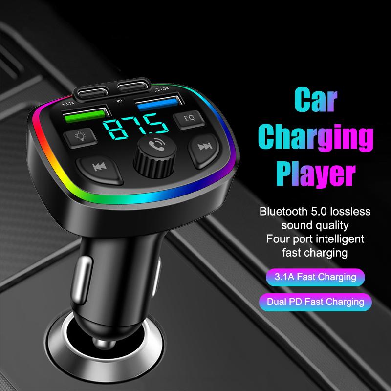 Dual Usb Type-C Car Charger Fm Transmitter Wireless Mp3 Music Tf Card U Disk Aux Player Usb-C Pd Fast Charging Hands Free