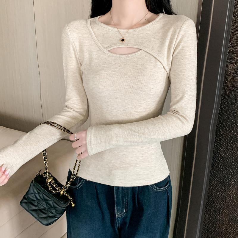 Damen-Langarm-Basisshirt mit Aussparungen, Herbst/Winter 2025, Unifarben, Trendiger Hot Girl Style, Perfekt zum Schichten oder solo Tragen.