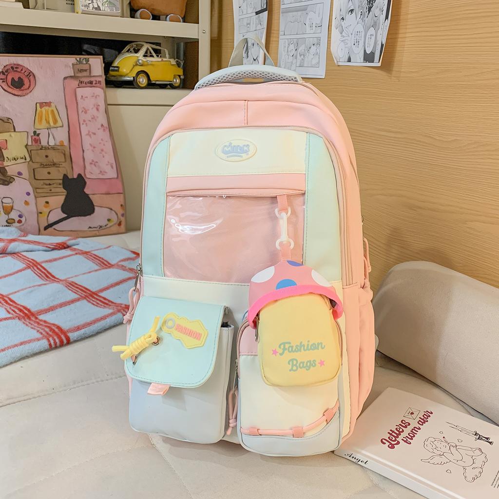 Schoolbag New Japanese Ins High Value, Sweet and Transparent Double Shoulder Schoolbag, Women's Contrasting Color Splicing Large-capacity Backpack