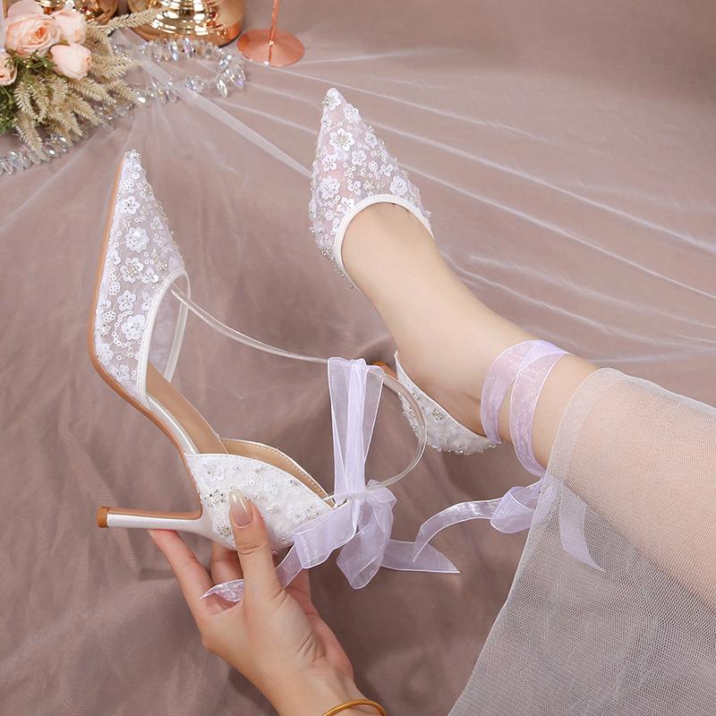 Fashion French Style White Wedding Shoes Small Luxury Feeling Baotou Sandals Female Summer Lace Mesh Hollow High Heel Bride Single Shoes
