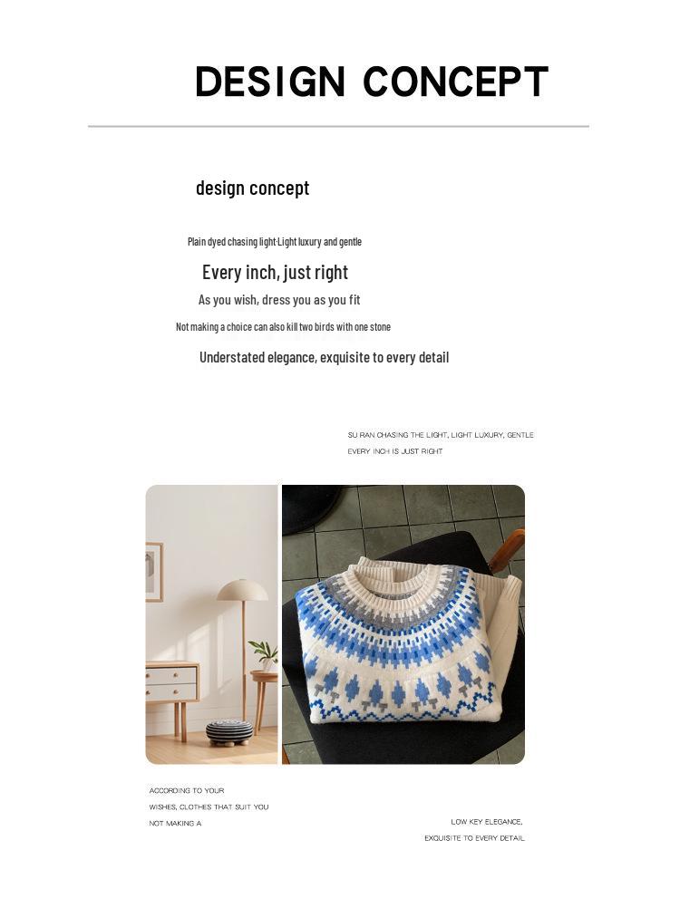 100% Wool Women's Fair Isle Jacquard Sweater - Solid Color, Round Neck, ThickenedVersatile Base Layer