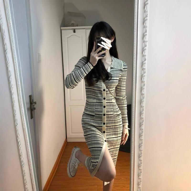 Autumn and Winter New Retro Striped Knitted Dress with a Coat Inside and a Long Thin Sweater Skirt for Women