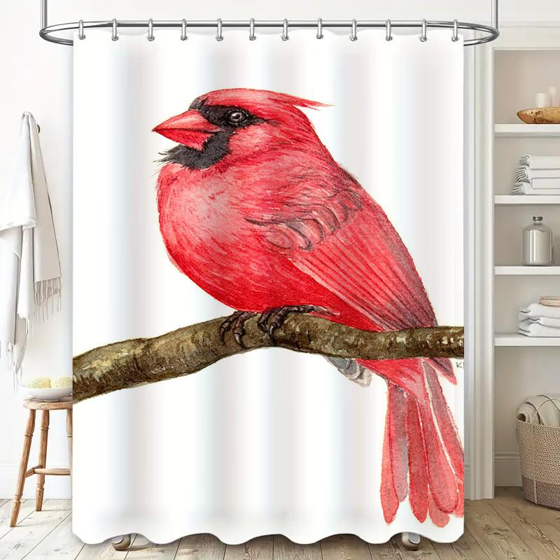 Artistic Red Bird Shower Curtain Bathroom Decor Hand-Drawn Floral Design Waterproof Shower Curtain Set for Home Bathing Room Dec