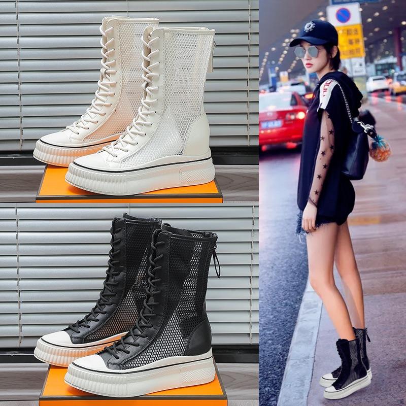 Leather summer thin net boots women's new fashionable versatile thick bottom inner height increase women's hollow cool boots