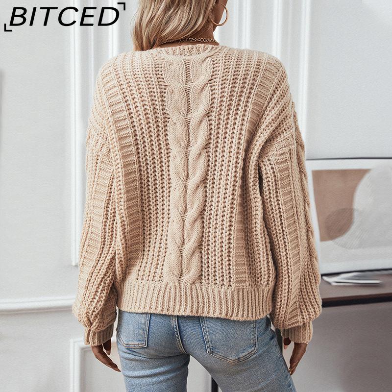 BITCED Solid Color Cable-Knit Sweater for Women Autumn/Winter Vintage Oversized Bell-Sleeve Twisted Knit Top