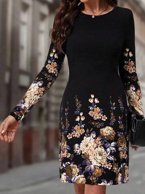 Rochie de toamnă pentru femei cu gât rotund, mâneci lungi, imprimată, slim fit