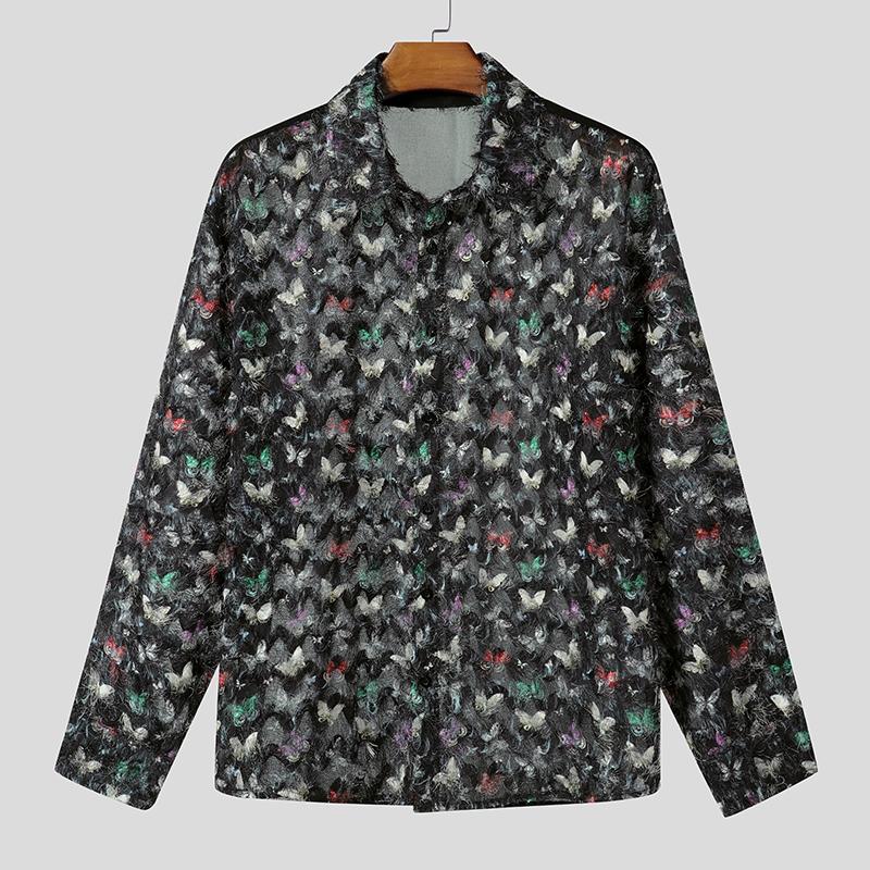 INCERUN Men Long Sleeve Print Patchwork Tassel Casual See Through Shirts
