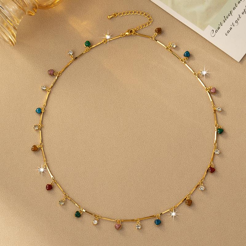 Vintage Bohemian Rainbow Heart Necklace & Diamond-Studded Bracelet Set