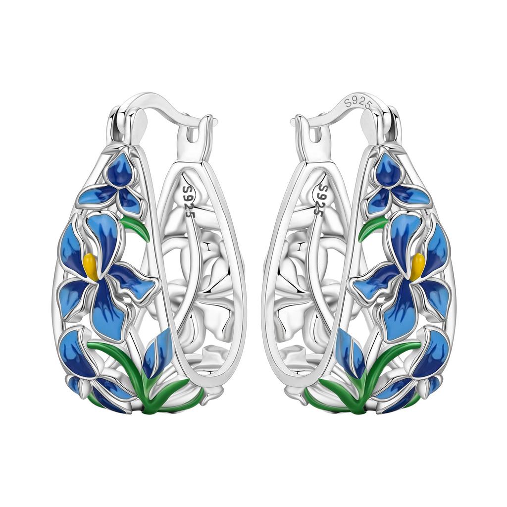 Orstarry Original 925 Sterling Silver Blue Iris Flower Earrings Women Hoop Earring Anniversary Jewelry Trendy Gifts
