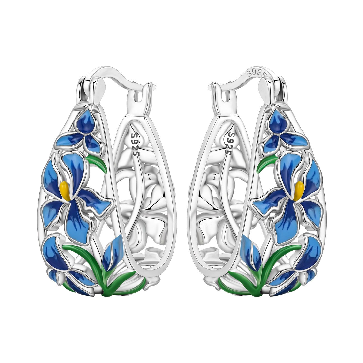 S925 Silver Blue Iris Flower Earrings Hoop Earrings Women Jewelry Trendy Anniversary Gifts