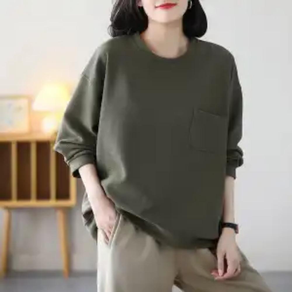 Jaro Podzim Dámské oblečení s kulatým výstřihem Jednobarevný pulovr Lucernové dlouhé rukávy Volné mikiny Elegantní móda Kapsy Topy