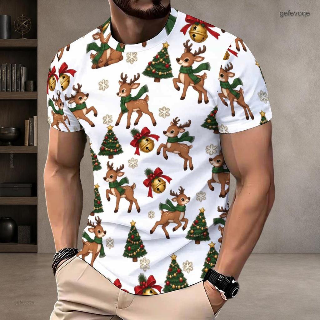 Men Plus Size Round Neck Short Sleeve Christmas Santa Printed White T Shirt
