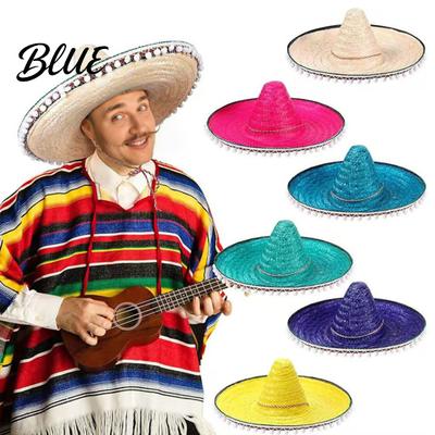 Halloween Costume Hat Mexican Sombrero with Colorful Poms Hawaiian Style Woven Straw Sun Hat Wide Brim Lightweight Casual Daily Party for