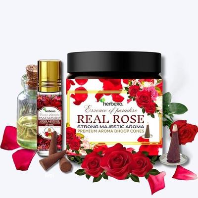 Dhoop mit Attar-Kombiset für Pooja | Kräuter-Dhoop und Pooja-Attar-Kombi, reine Duftpalette aus Rose, Chandan und Oud (Rose (Rose))
