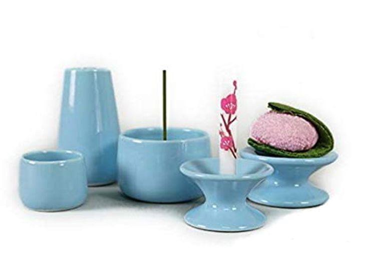 

pet Buddhist utensils set water flower offering incense candle Mini Domestic Blue [Set item] 5-piece (pottery, container, stand, stand, burner,