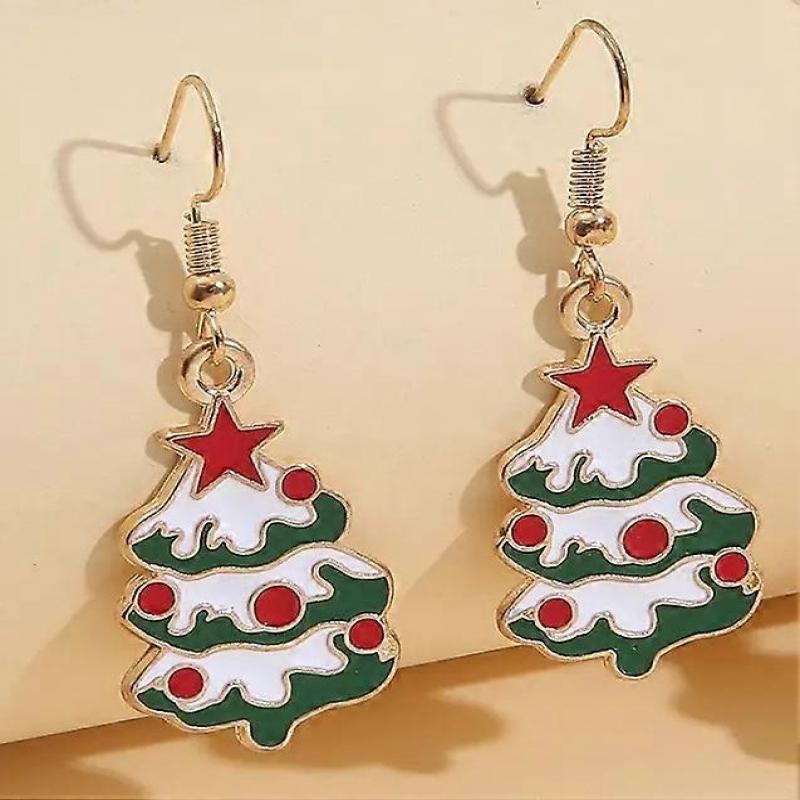 Beautiful Christmas tree earrings decorated with snow, red balls, and stars