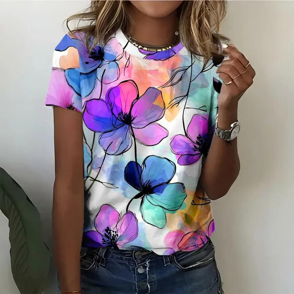 

Summer Flowers Gorgeous Watercolor Dyeing Flower T-shirt with Artistic Atmosphere Full Top for Women 3D Digital S