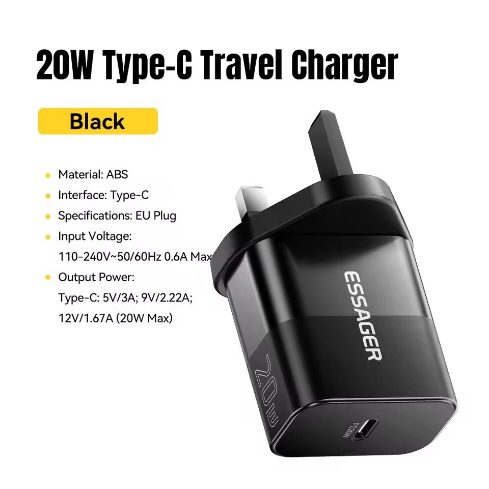 Essager 20W USB Type C GaN Charger Portable USB C Travel Charger Support Type C PD Fast Charging For Phone 16 15 14 13 Pro Max