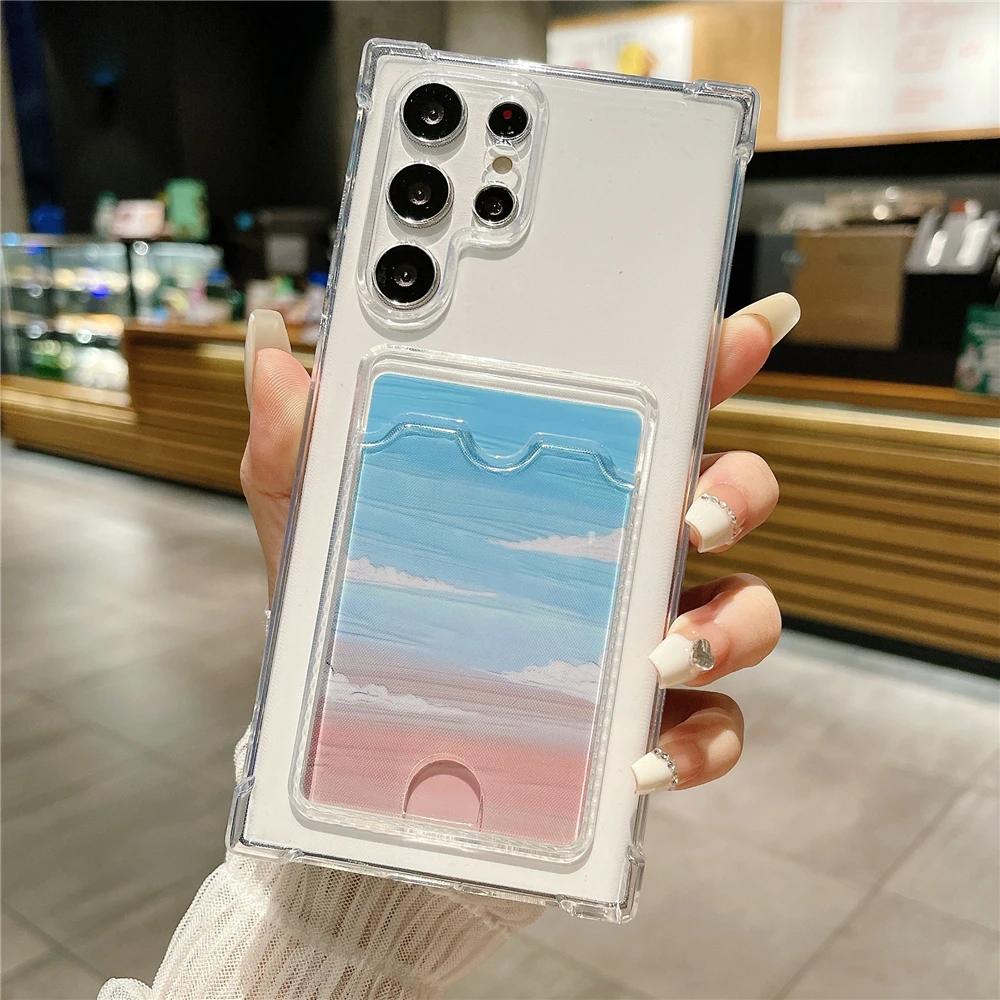 Thick Shockproof Card Bag Wallet Clear Phone Case For Samsung S24 Ultra S21 S22 S23 Fe S 24 Plus 5G Soft Corners Cover Cases