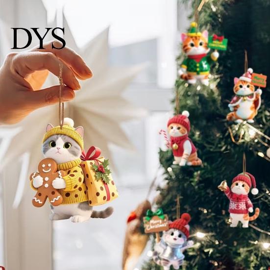 Seasonal Home Decoration Accessories Cute Kitten Christmas Tree Hanging Ornaments with Lanyards, Wooden Cat Animal Pendants, Decorative Charms