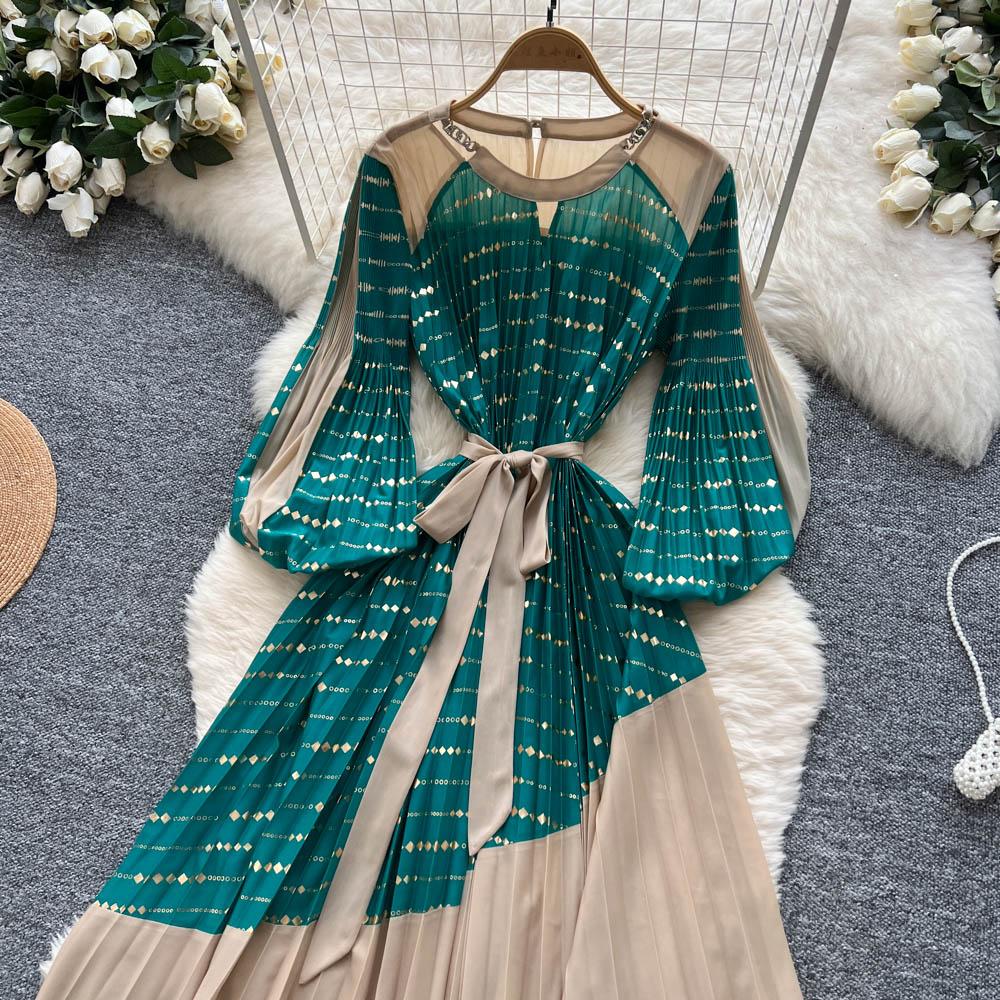 Vintage Elegant Spliced print slim Dress Korean Fashion Long dress hotsweet Women Fashion Dresses