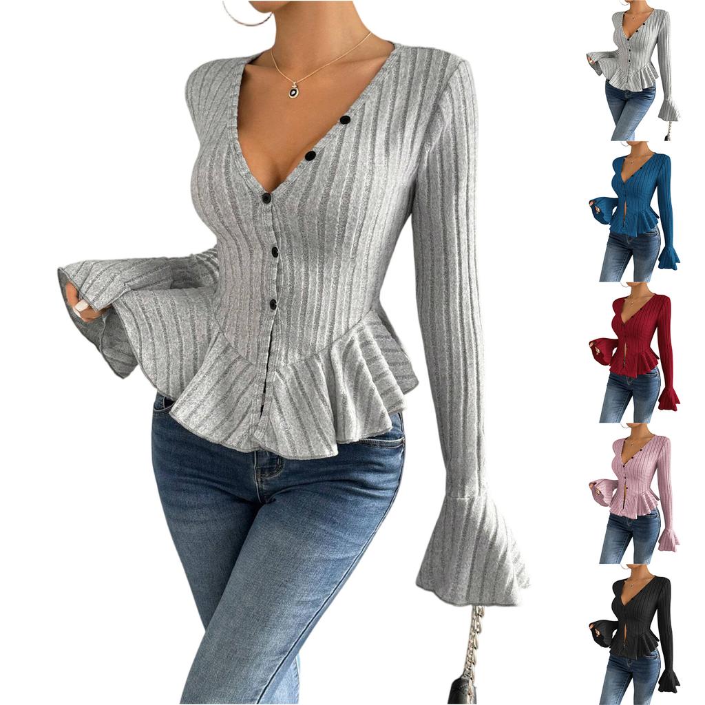 Women's V-neck Ruffled Solid Color Long-sleeved T-shirt Top