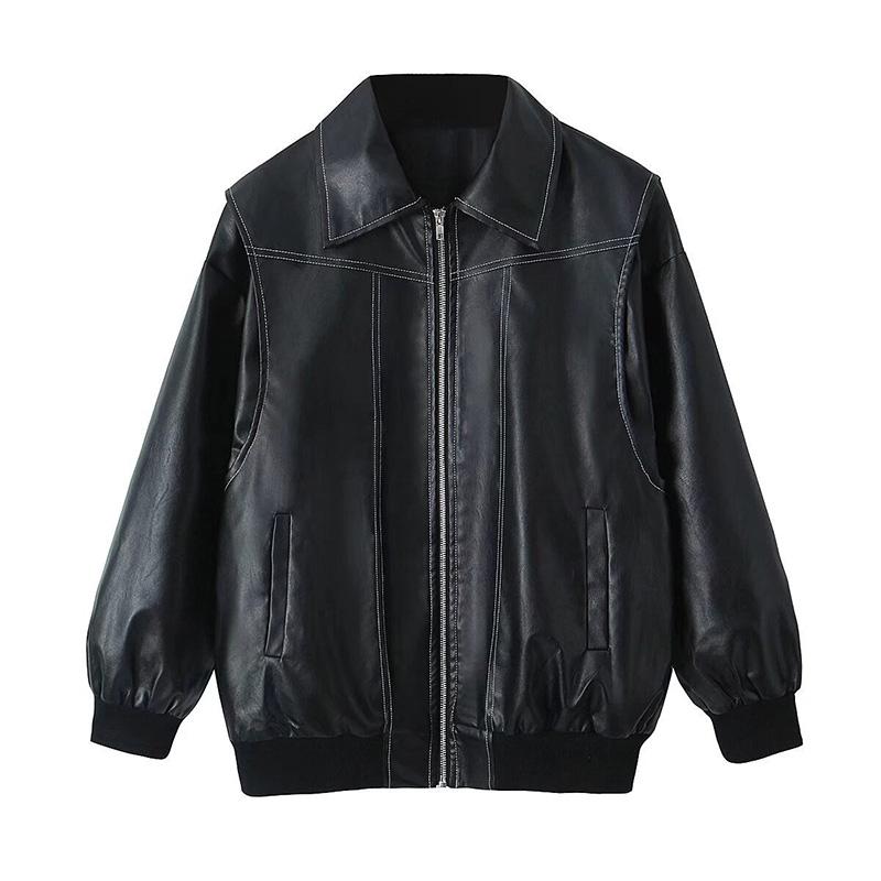 VAYLA Women Zipper Leather Bomber Jackets Coats Contrast Stitch Lapel Long Sleeve Jacket Motorcycle Outwear Tops