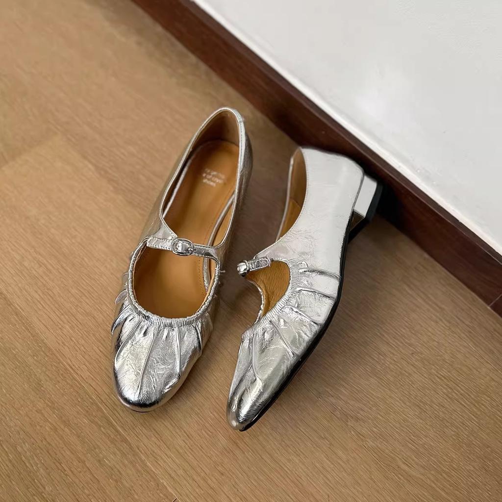 Fairy Wind Pleated Round Head Shallow Mouth Single Shoes Female 2025 Summer New Flat Mary Jane Shoes Gold Ballet Shoes Silver
