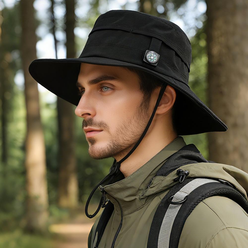 Outdoor Fishing Hat with Compass Wide Brim Sun Protection Boonie Hat Lightweight Breathable Safari Summer Cap for Men Women