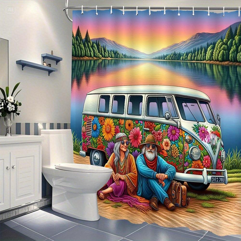 1pc Camp Out Shower Curtain - Vintage Camper Van Nature Scene Design, Durable Polyester Fabric, Machine Washable Bathroom Decor