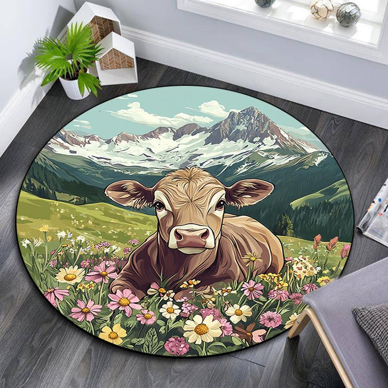 

Cow in Flowers Round Area Rug,Carpet Rug for Living Room Bedroom Sofa Playroom Decor,Non-slip Floor Mat 80cmx80cm
