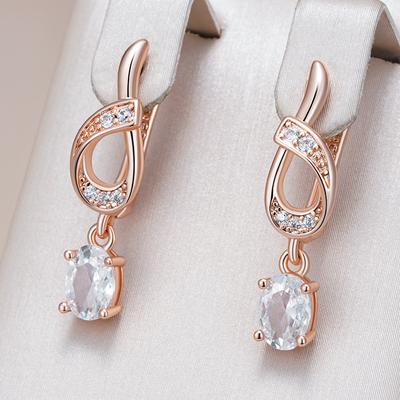 Orecchini Lunghi a Pendente Fiore in Zircone Naturale Lucido per Donna Moda Colore Oro Rosa Etnici Nuziali