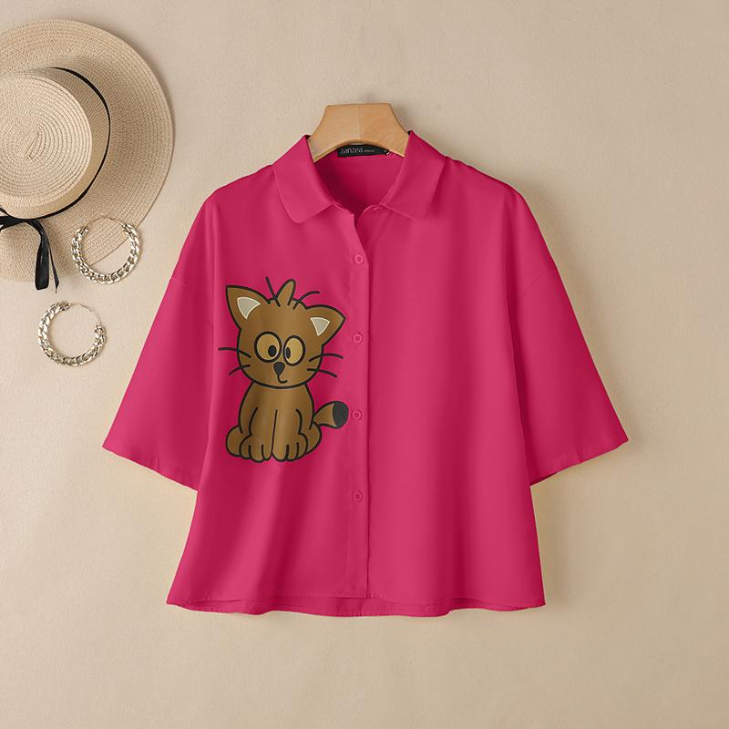 

ZANZEA Женская повседневная блузка с отложным воротником, летняя, с коротким рукавом, с принтом 5XL темно-розовый