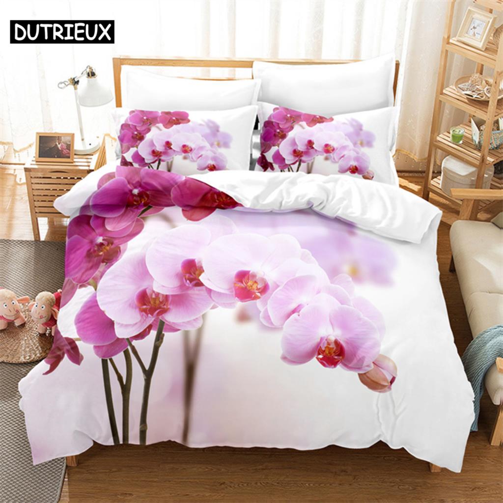 Pink Phalaenopsis Queen Bedding Set Girls Duvet Cover Bedroom Bed Set Comforter Cover Set King Size Duvet Cover Set Bedding Sets