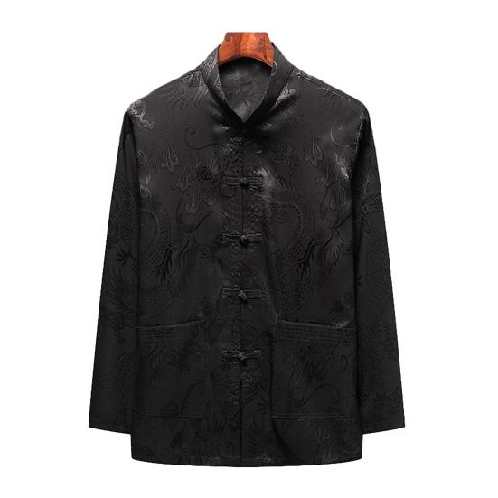 Men Top Chinese Style Stand Collar Single-breasted Solid Color Dragon Pattern Loose Pockets Long Sleeve Mid-aged Elderly Men Shirt