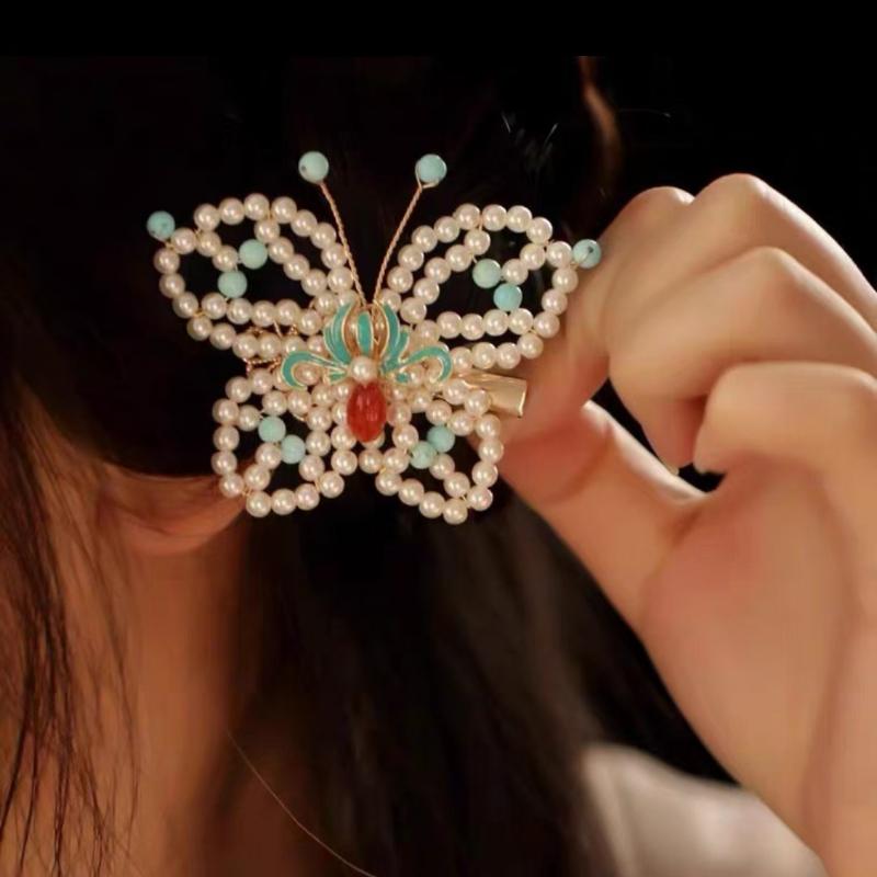 Starožitný styl Nová pokrývka hlavy Motýlí sponka do vlasů Okrajová sponka Hanfu Qipao Doplňky Kolekce Korálková okrajová sponka