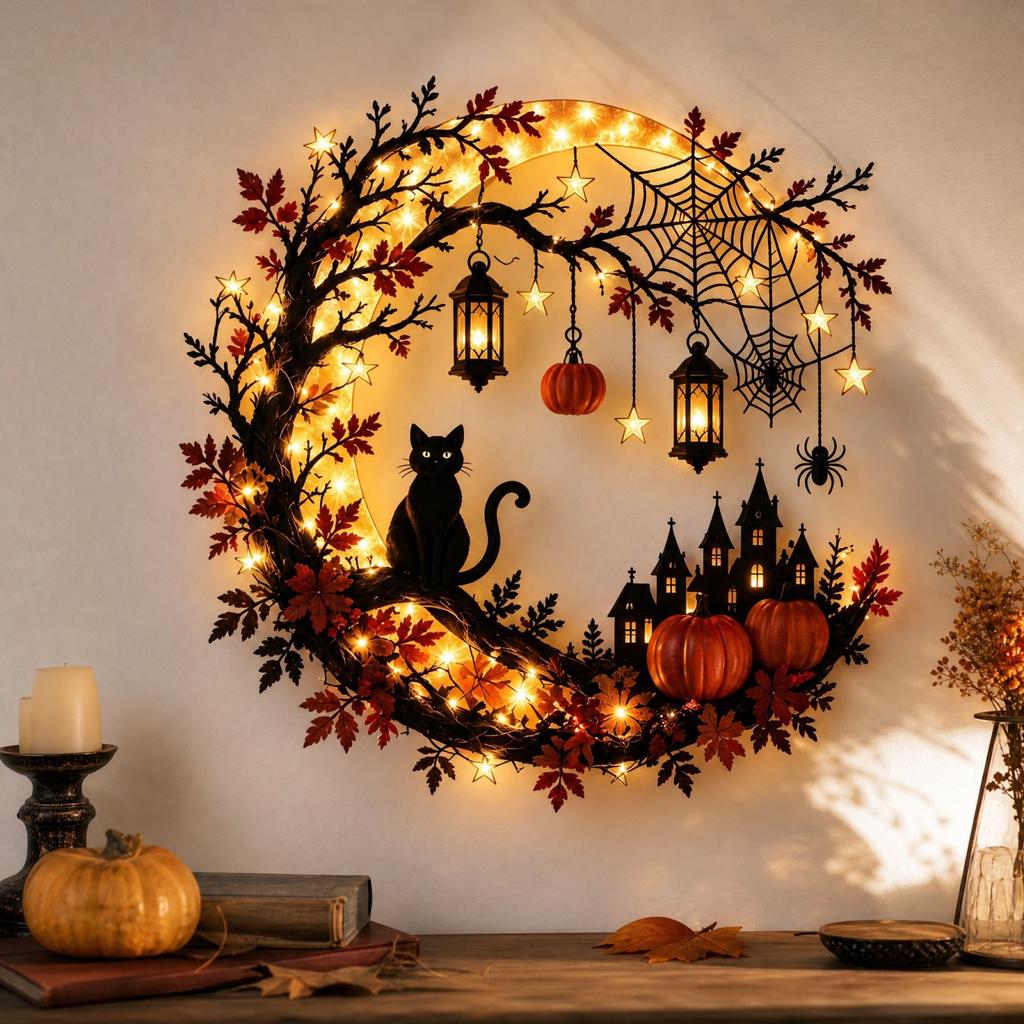 Halloween Light-Up Wreath Hanging Decoration for Holiday Home Wall Decor