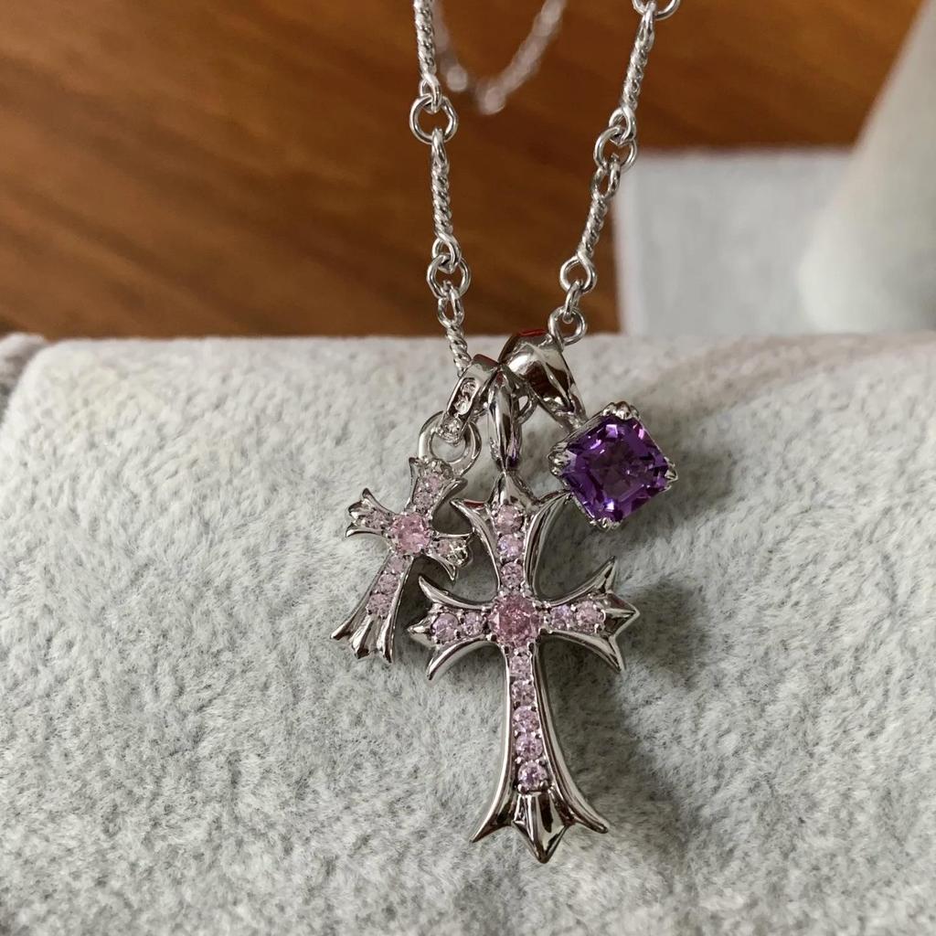 Gold-Plated S925 Sterling Silver Double Cross Necklace with Blue Diamond Accent - Unisex Hip Hop Pendant