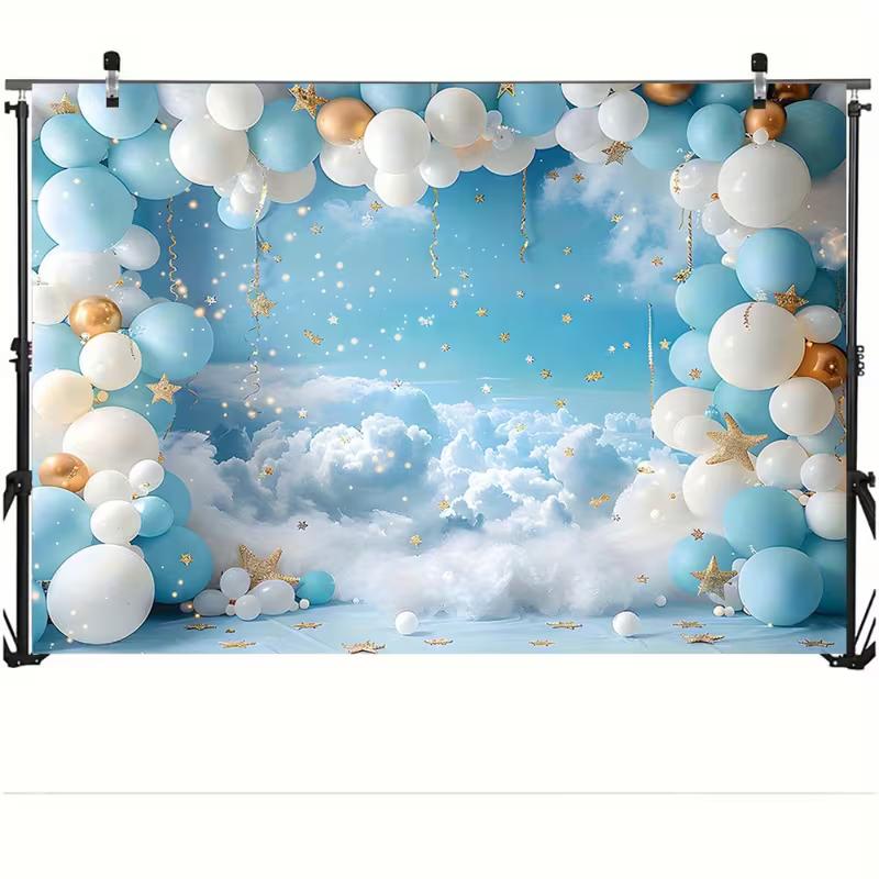 2D Witte Wolkenlucht Achtergrond, Blauw Wit Goud Ballon Baby Banner