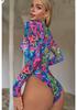 Women's Printed Mesh Zipper Long Sleeve One-Piece Swimsuit