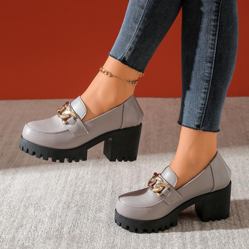 Metal Chain Square Heel Single Shoes Autumn New Round Toe Deep Mouth Platform Non-slip High Heels