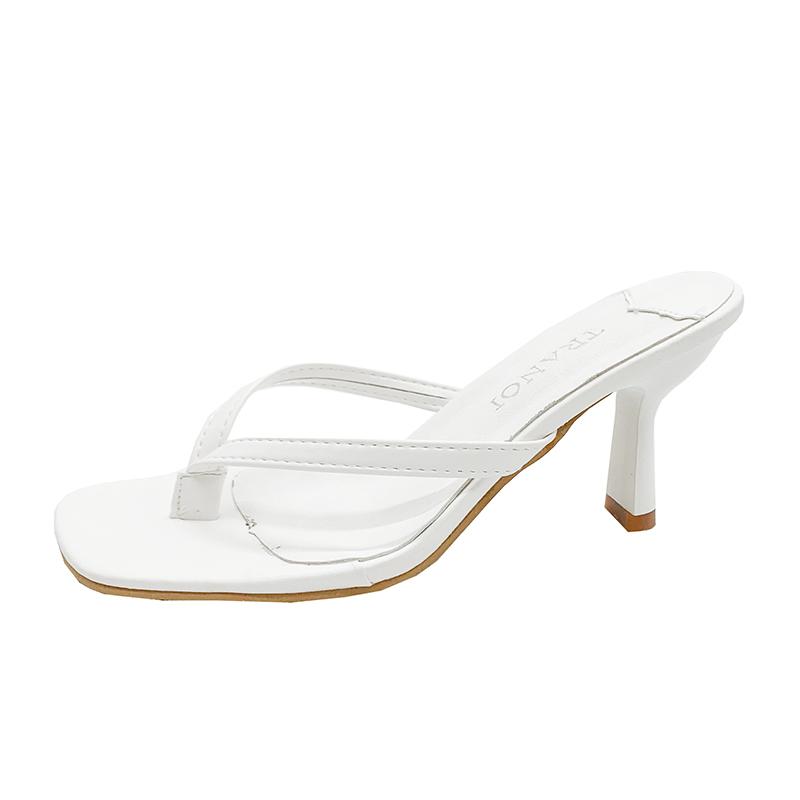 Fashion Square Toe Clip Sandals for Women 2025 Summer New High Heel Flip-flops Large Size Slim Heel Women's Outdoor Leather Slippers