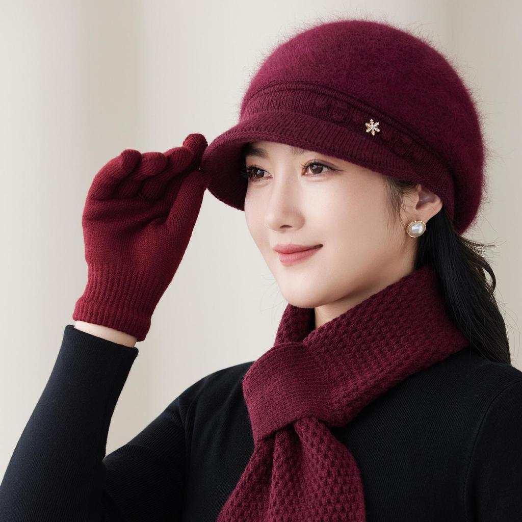 Rabbit fur knitted hat women's winter velvet warm mother hat in the elderly foreign gas wool hat scarf gloves set