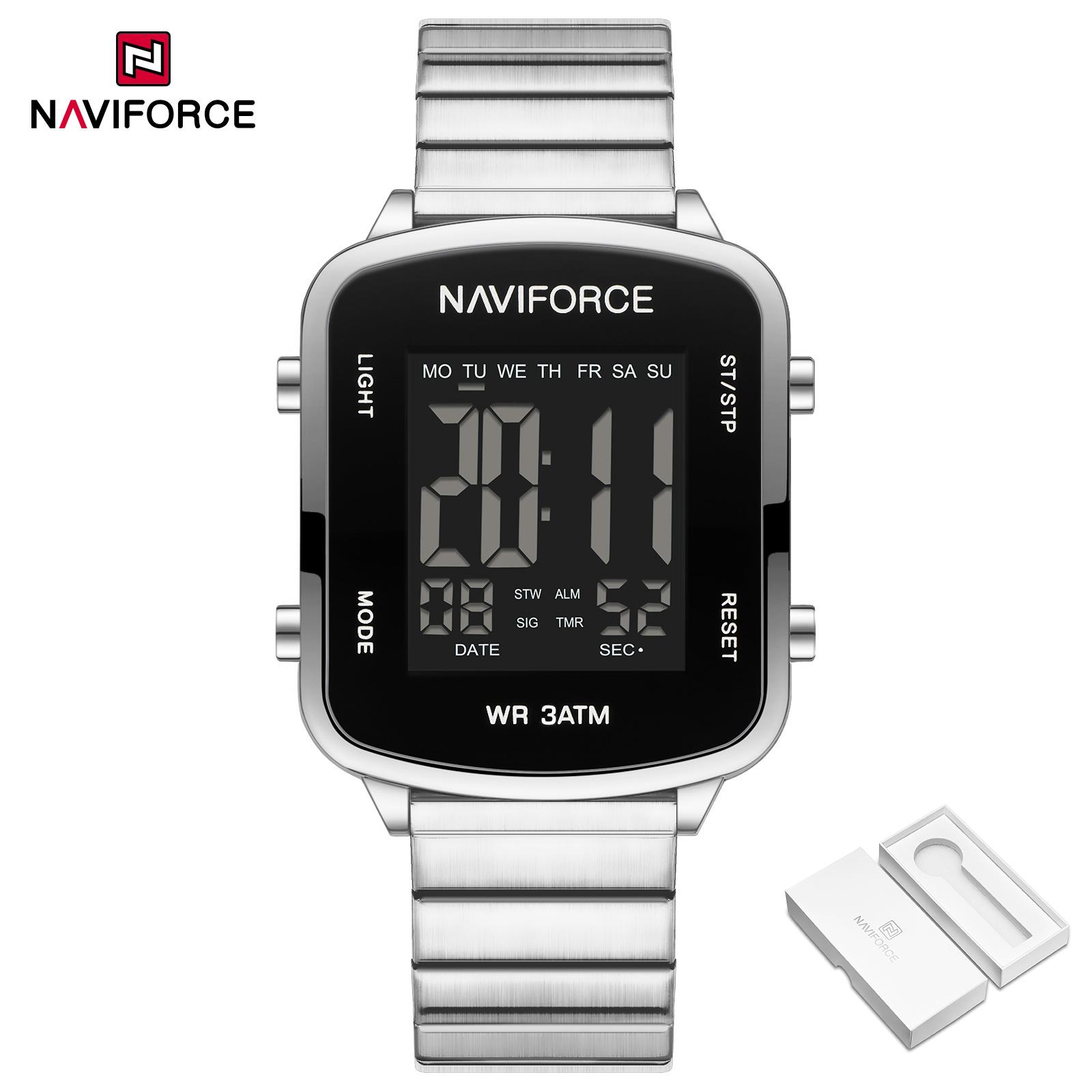 

NAVIFORCE Lady Women Digital Watch Stainless Steel Strap Waterproof Calendar Date Alarm Chronograph Night Pattern Women Casual Watch NF5058 серебряный