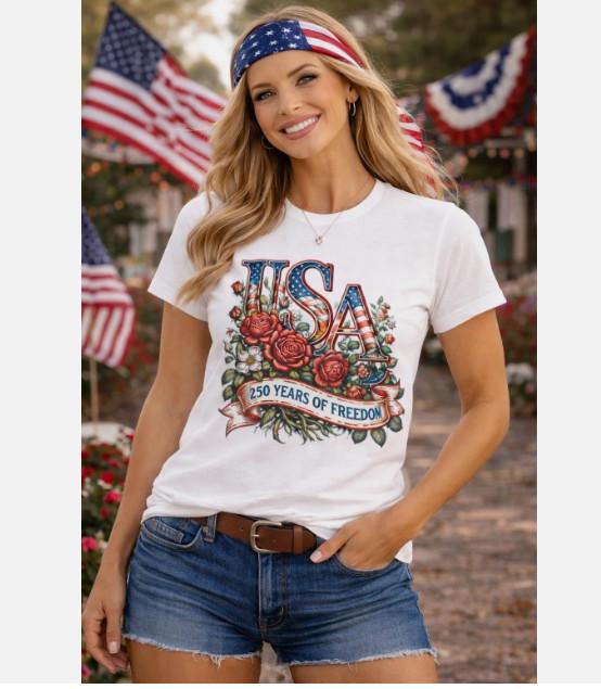 USA Floral Shirt, 250 Years of Freedom Tee, Patriotic Rose USA Shirt, America S