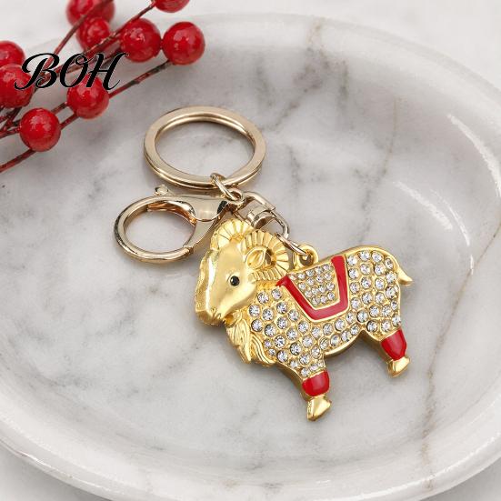 Wear-resistant Keyring Zodiac Keychain with Rhinestones, Sheep Design Bag Pendant, Chinese New Year Lucky Rhinestones Inlaid Key Charm, Feng