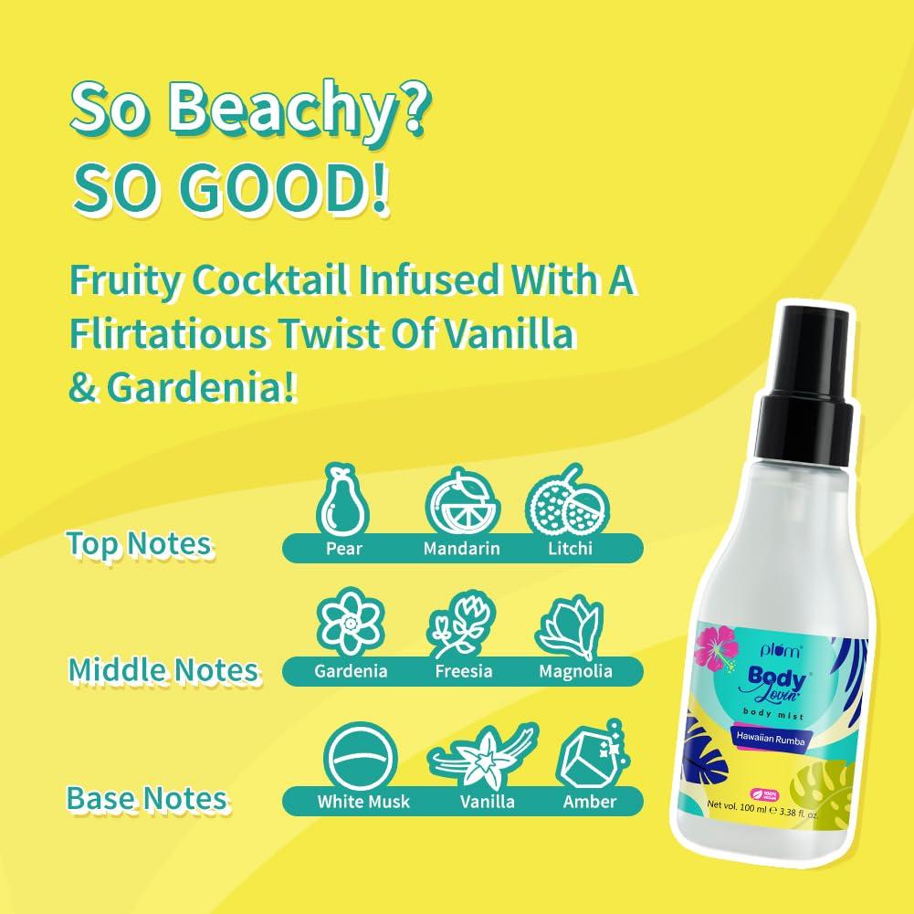 Plum BodyLovin Hawaiian Rumba Body Mist 100ml Pack of 1 For Women | Refreshing Tropical Fragrance | Vegan Travel Friendly Spray