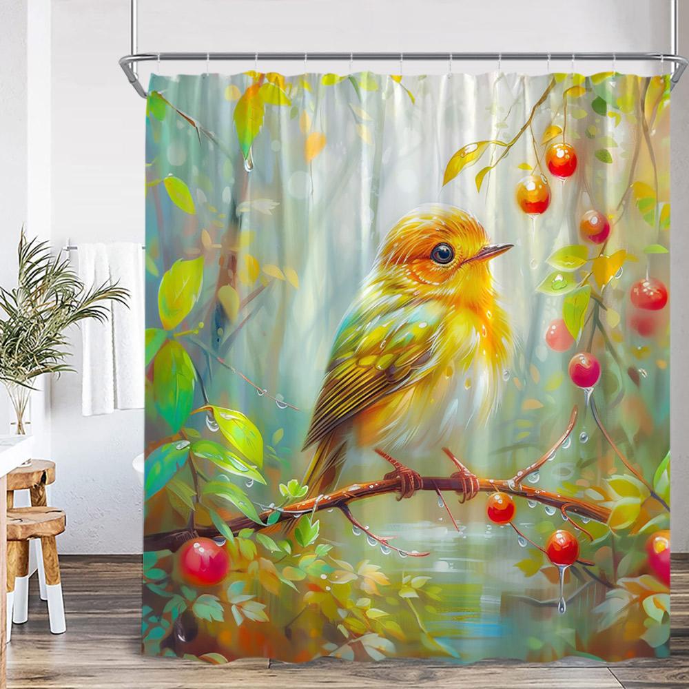 Bird Cartoon Shower Curtain Oil Painting Flower Leaf Tree Animal Print Spring Summer Bathroom Decor Modern Floral Bath Curtain